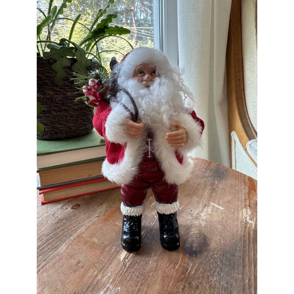Vintage Santa Claus Figurine 9.5 Inch Red Fabric Suit Burlap Toy Sack Christmas